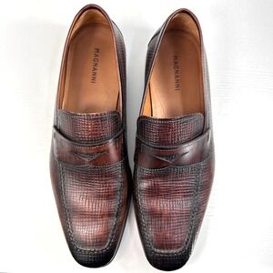 Magnanni Brown Burnished Leather Penny Loafers 41 (8) Spain Textured Dress Shoes